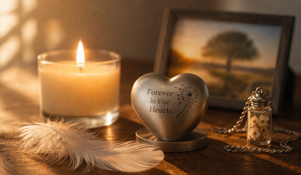 Softly lit candle with feather and memorial keepsakes cremation services Dewey, OK