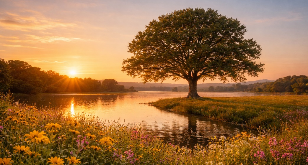 Peaceful lake with a lone tree and blooming wildflowers at sunsetfuneral homes Dewey, OK