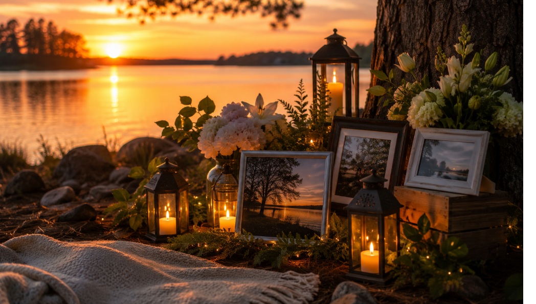 Peaceful lakeside memorial display with lanterns and flowers for cremation services Dewey, OK