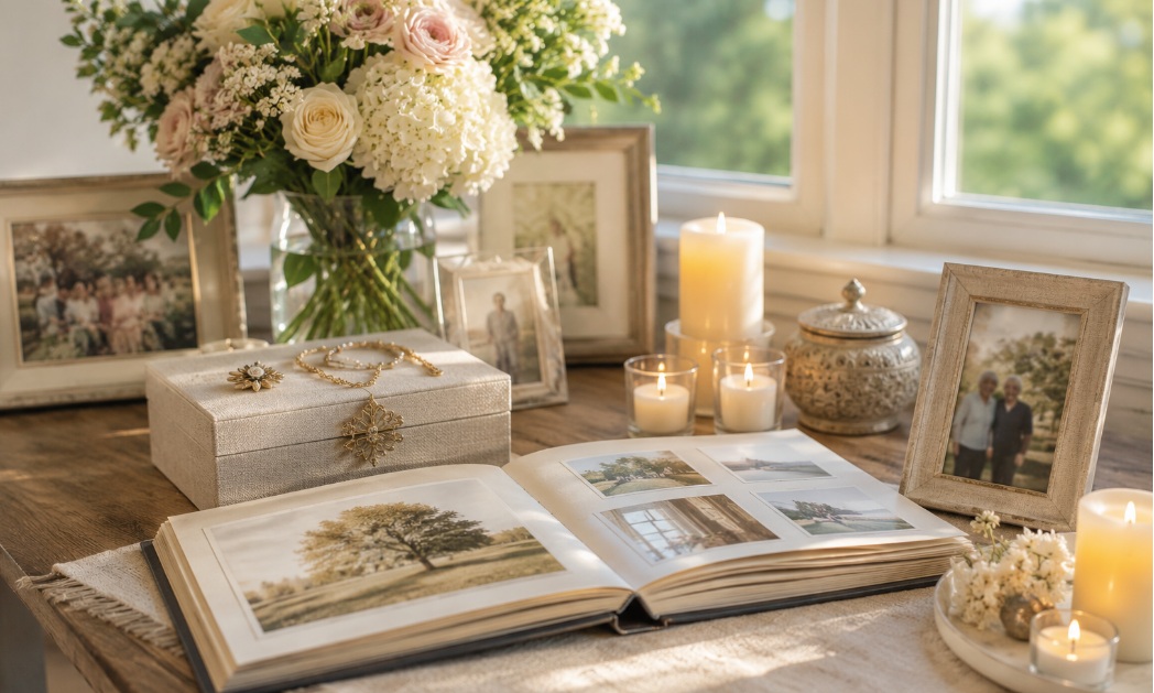 Peaceful memory table with candles, flowers, and photo albums for cremation services Nowata, OK