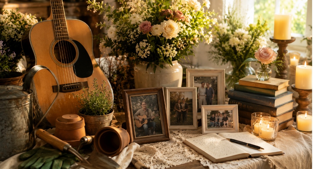 Warm memorial display with flowers, guitar, books, and keepsakes at funeral homes Dewey, OK.