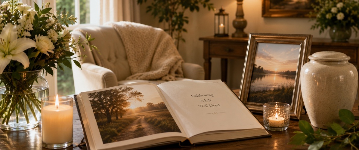 flowers, candles, a photo frame, and remembrance book representing cremation services in Nowata, OK