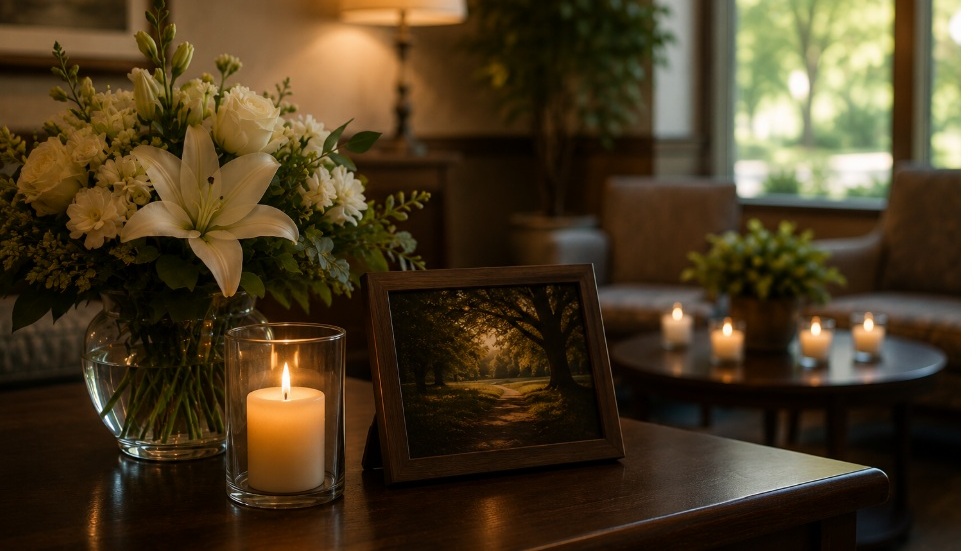 Meaningful remembrance setting supported by cremation services Nowata, OK, with flowers and candlelight.