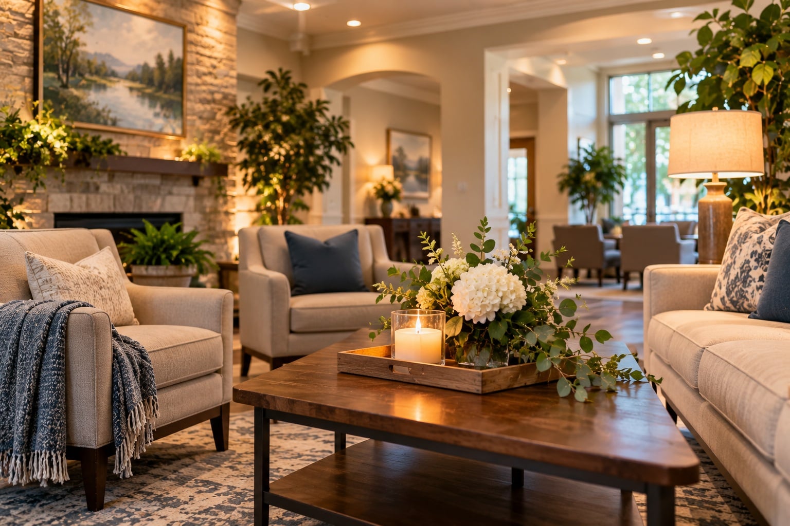Funeral homes Nowata, OK, with warm lighting, comfortable seating, calming décor
